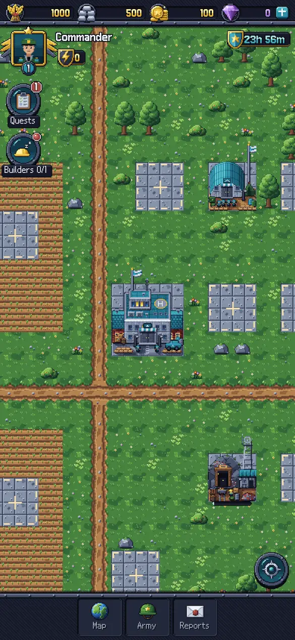 Your pixel-art base from above: the headquarters, a barracks and a mine on green fields, with food, iron and gold at the top.