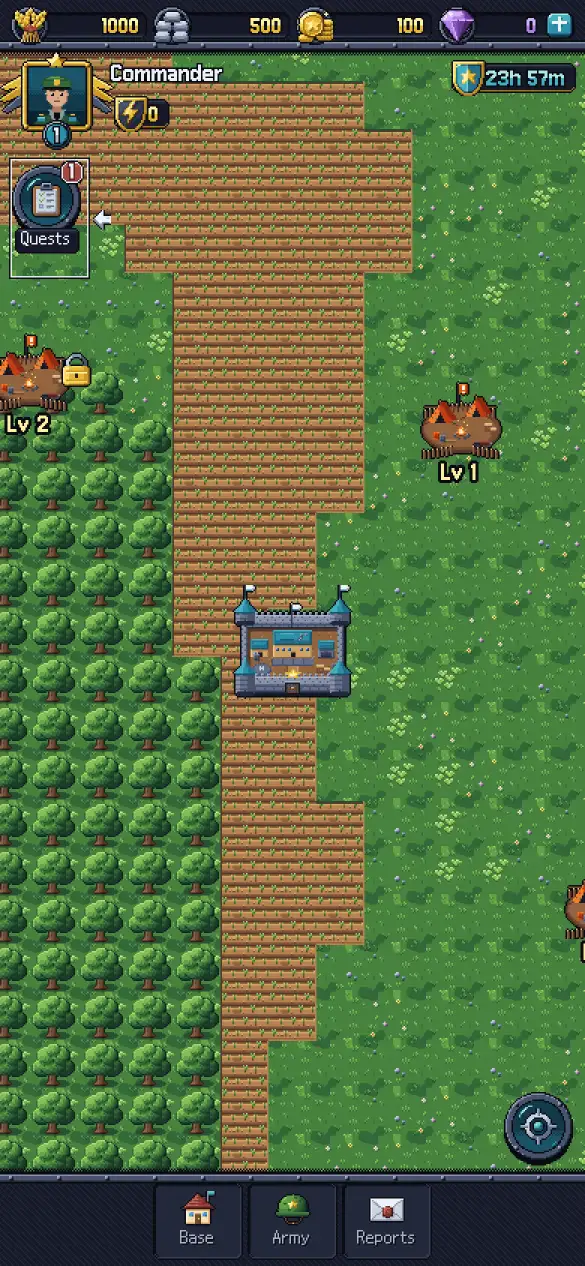 The world map: your walled fort among fields and forest, with bandit camps of level 1 and 2 nearby.
