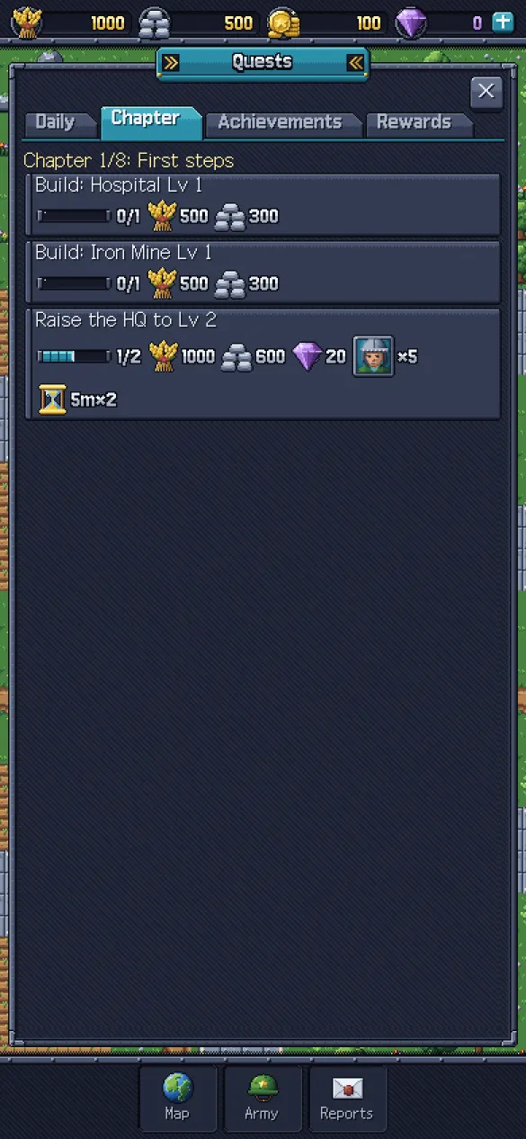 Quests, chapter 1 “First steps”: build a hospital and an iron mine, and raise the headquarters to level 2.