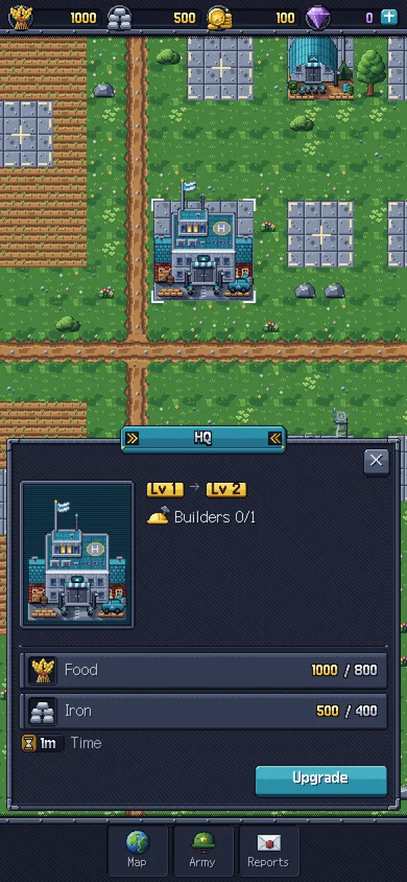 Upgrading the headquarters from level 1 to 2: what it costs in food and iron, and how long it takes.