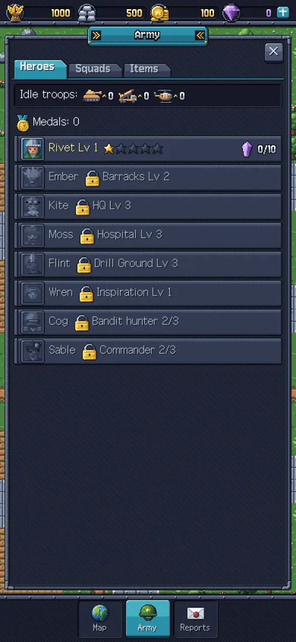 The army screen: eight heroes, one ready and the others unlocked by growing your base.