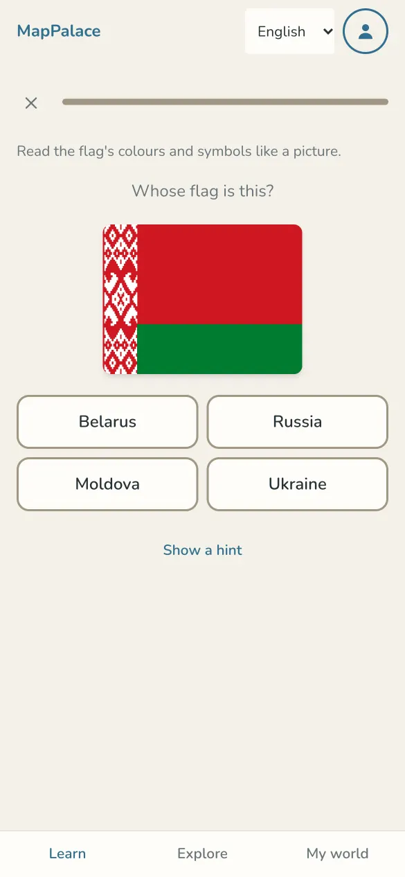 Wessen Flagge ist das? Die Flagge von Belarus, mit vier Ländern zur Auswahl.