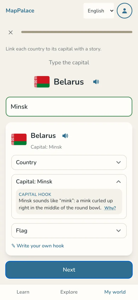 Nach der Eingabe von Minsk, der Hauptstadt von Belarus: eine Gedächtnisstütze, „Minsk klingt wie mink (Nerz)“.