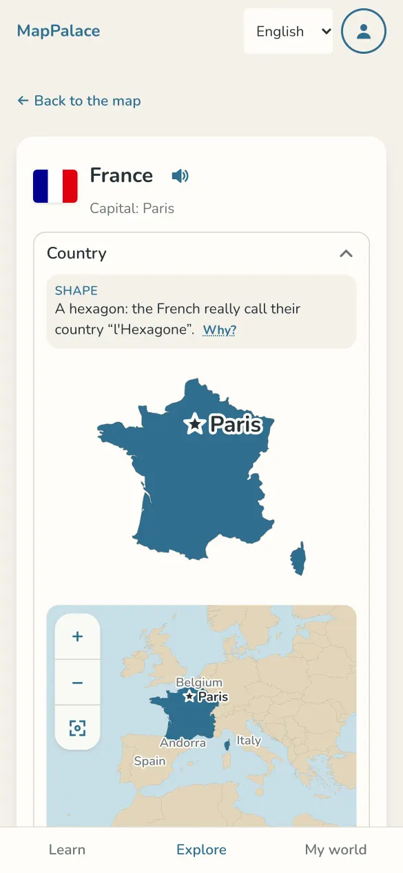 Die Seite von Frankreich: seine Flagge, Hauptstadt, die Gedächtnisstütze zur Sechseck-Form und sein Platz auf der Karte.
