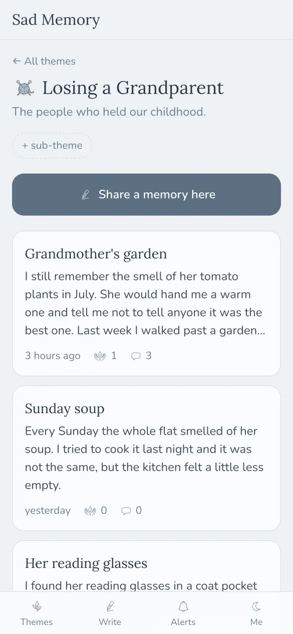 The theme Losing a Grandparent, with short memories and a button to share one.