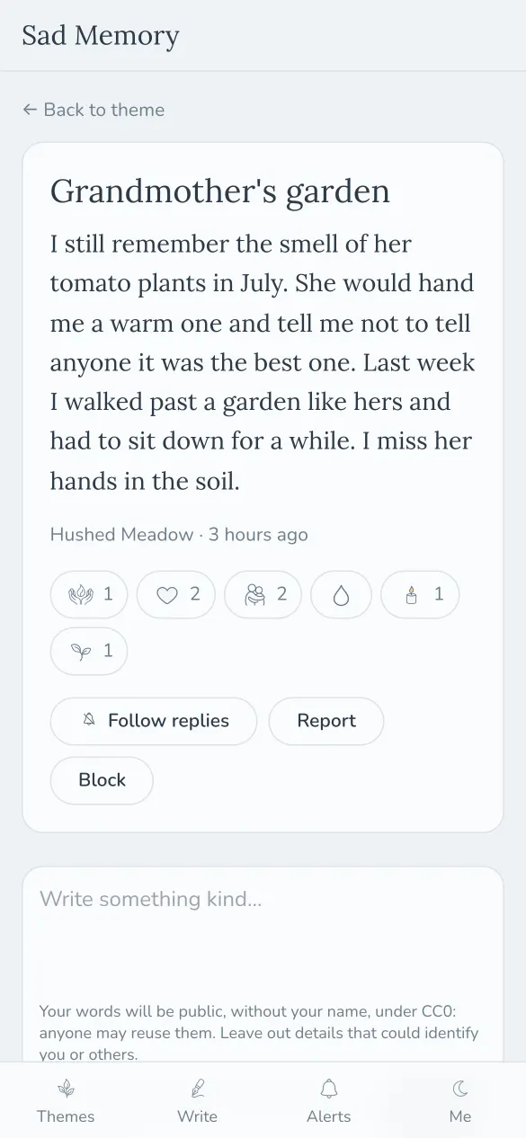 A memory about a grandmother's garden, with kind reactions: hold, heart, hug, tear, candle and sprout.