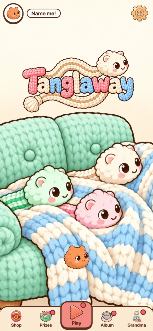 开始画面：针织字母组成的 Tanglaway 标题，下方是四只微笑的 Tanglings，躺在绿色针织沙发上。