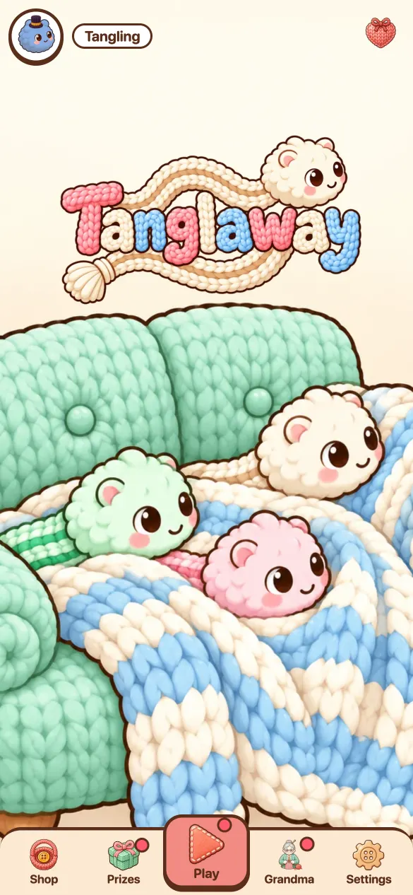 Startbildschirm: der Tanglaway-Titel in gestrickten Buchstaben über drei flauschigen Tanglings unter einer Decke auf einem grünen gestrickten Sofa.