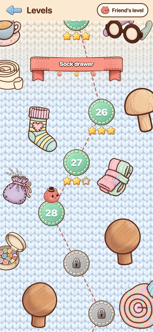 Die Levelkarte der Welt Sockenschublade, mit Sternebewertungen, einer Socke, Knöpfen und einem Tangling mit Zylinder auf Level 28.