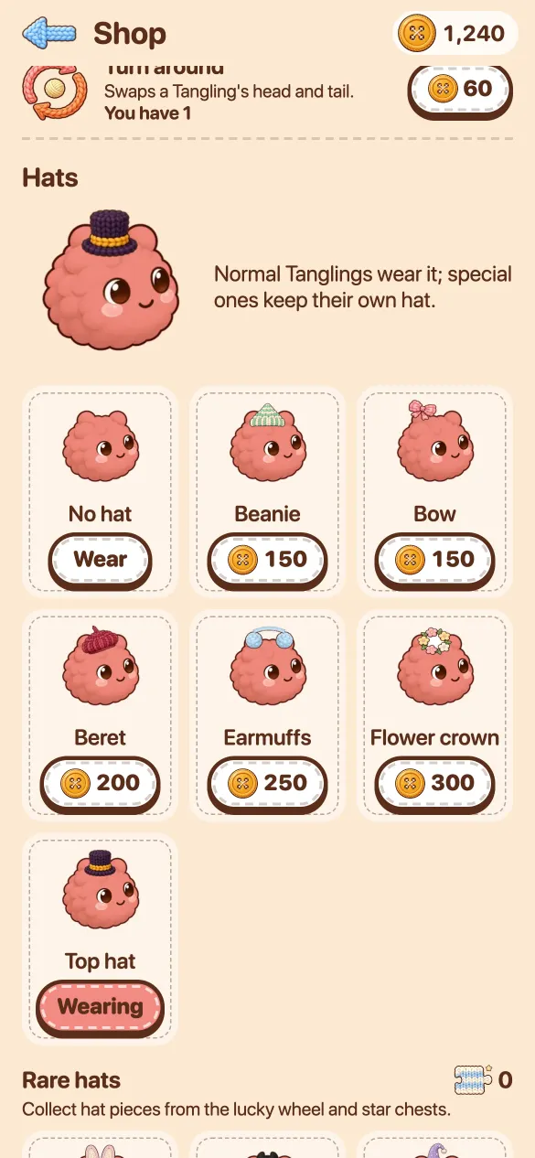 Der Shop: Hüte für dein Tangling, etwa eine Mütze, eine Schleife und eine Blumenkrone, gekauft mit Münzen, die man im Spiel verdient.